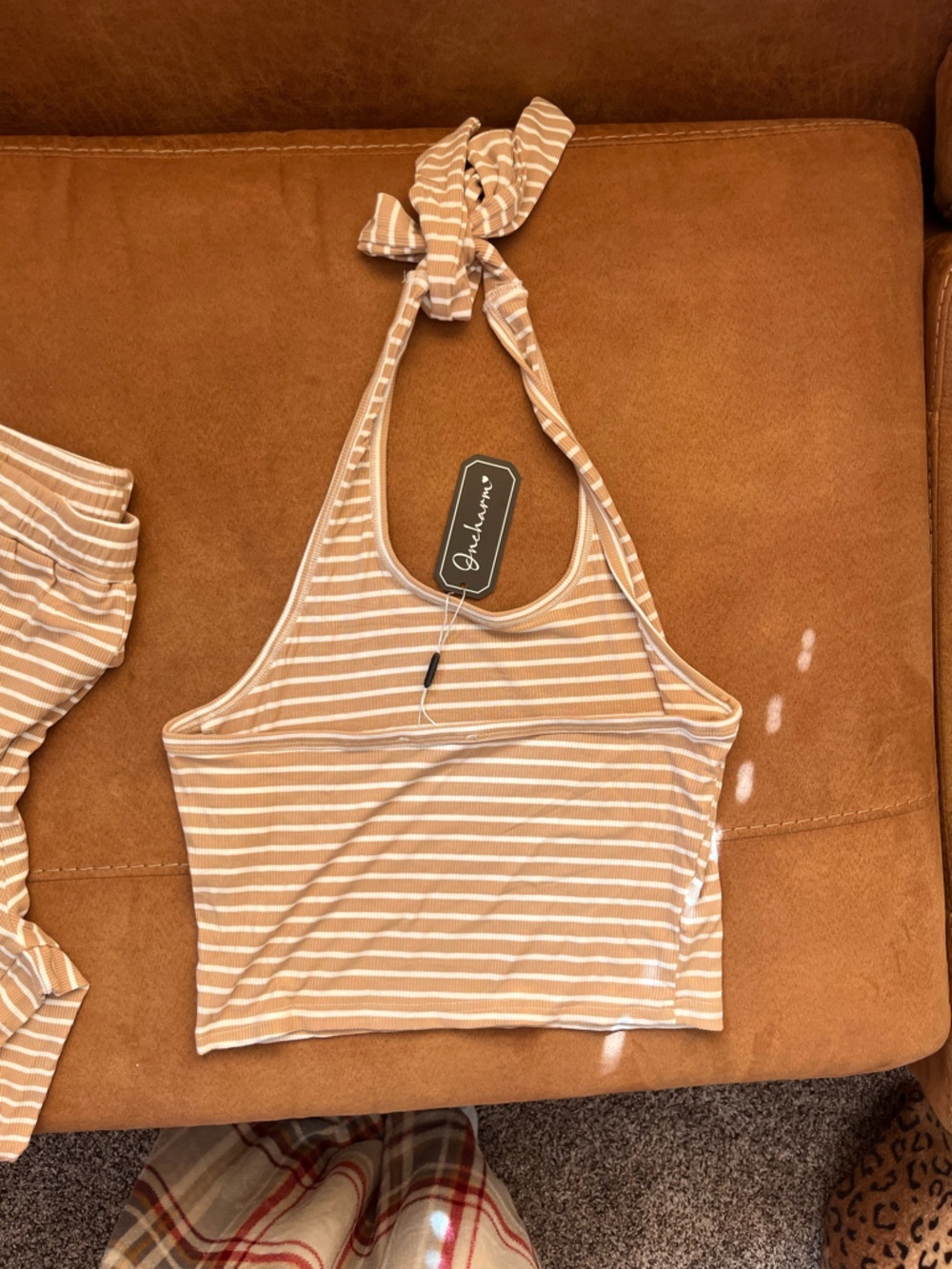 Boutique Tan/White Striped Lounge Set / Pants and Halter top NEW WITH TAGS - Picture 4 of 8